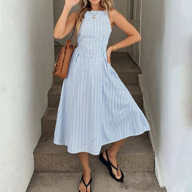 Vertical Stripe Casual Sleeveless Pocket Fashion Dress