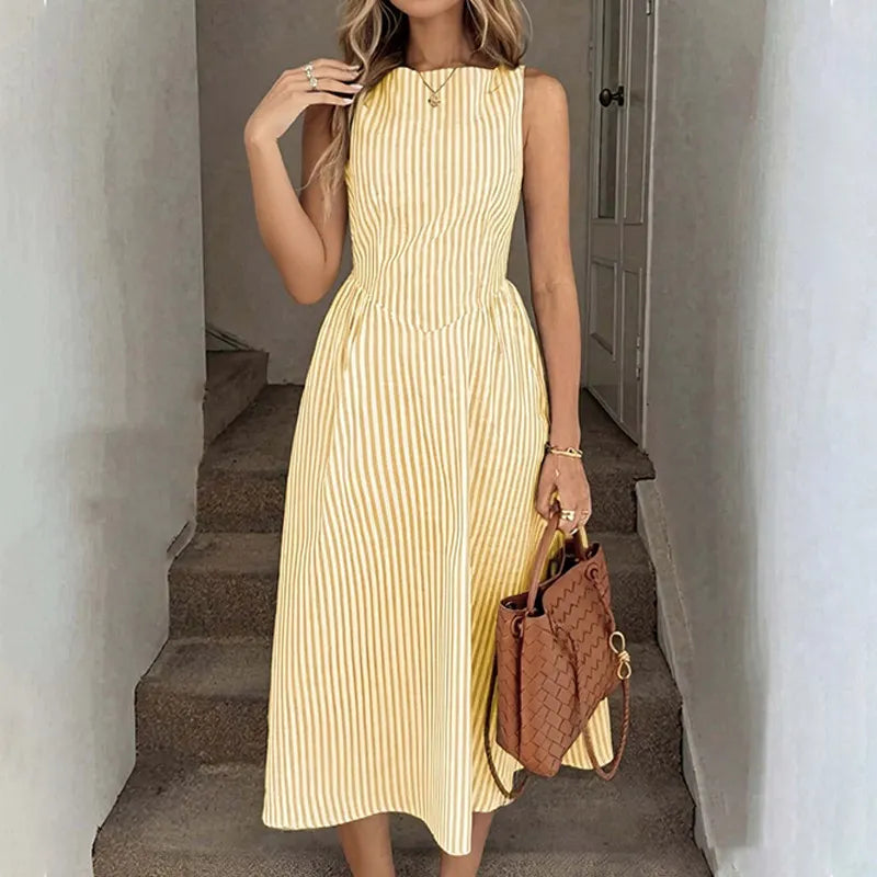 Vertical Stripe Casual Sleeveless Pocket Fashion Dress
