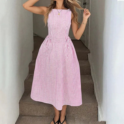 Vertical Stripe Casual Sleeveless Pocket Fashion Dress