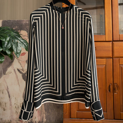 Vertical Stripe Stand Collar Women Shirt