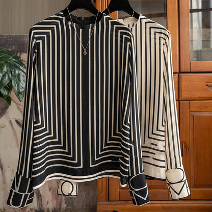Vertical Stripe Stand Collar Women Shirt