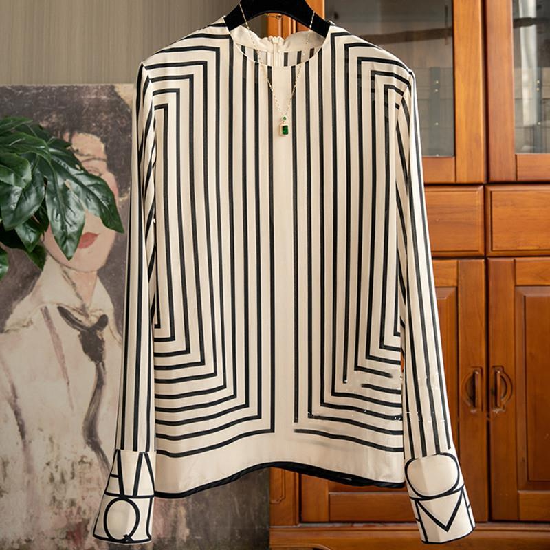 Vertical Stripe Stand Collar Women Shirt