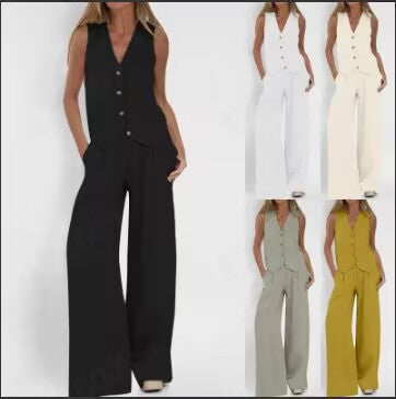 Vest Trousers Collage Stitching Cotton and Linen Casual suit Women