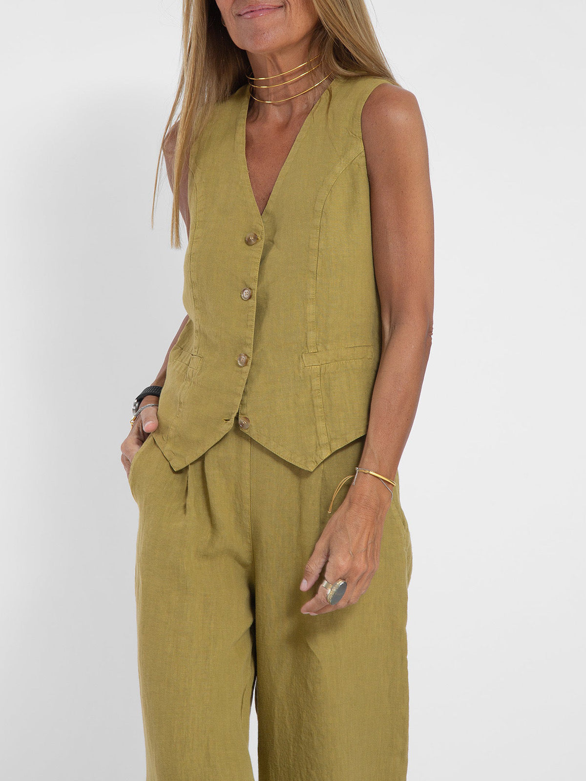 Vest Trousers Collage Stitching Cotton and Linen Casual suit Women