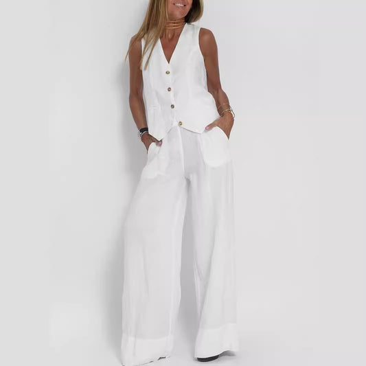 Vest Trousers Collage Stitching Cotton and Linen Casual suit Women