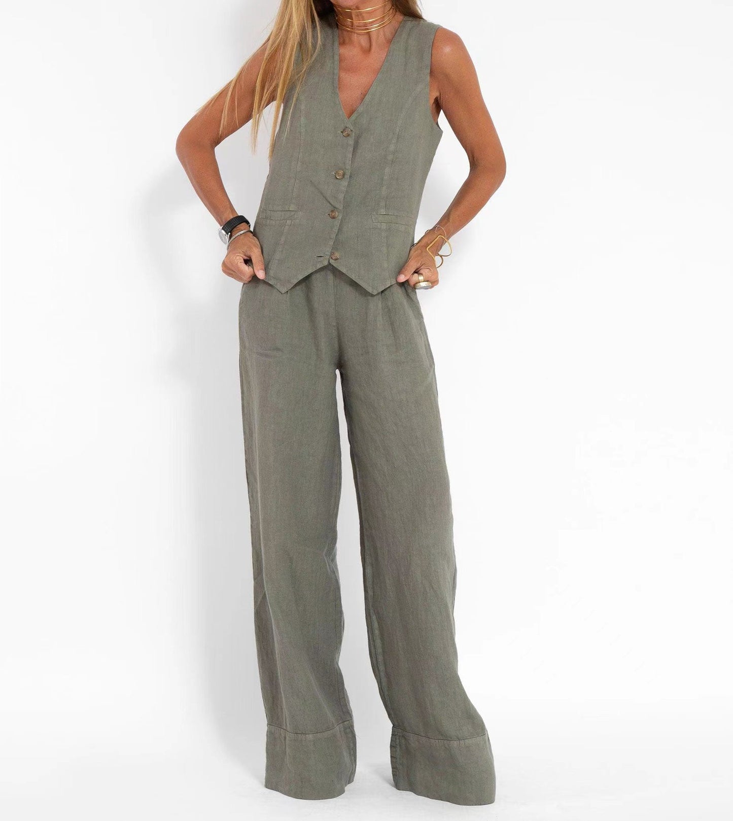 Vest Trousers Collage Stitching Cotton and Linen Casual suit Women