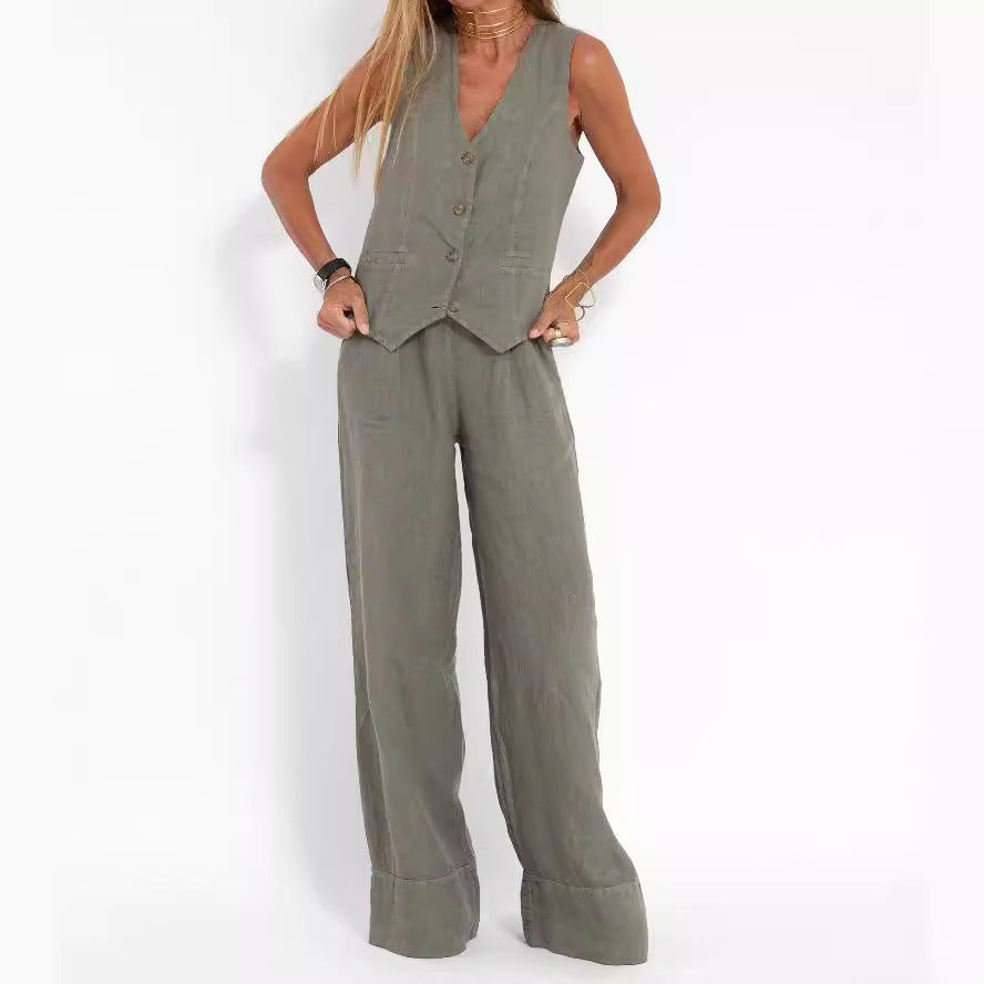 Vest Trousers Collage Stitching Cotton and Linen Casual suit Women