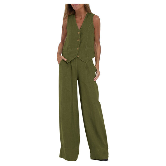 Vest Trousers Collage Stitching Cotton and Linen Casual suit Women