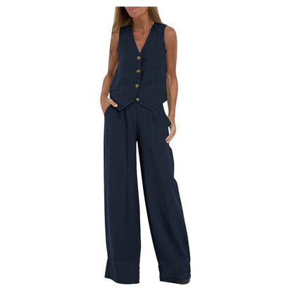 Vest Trousers Collage Stitching Cotton and Linen Casual suit Women