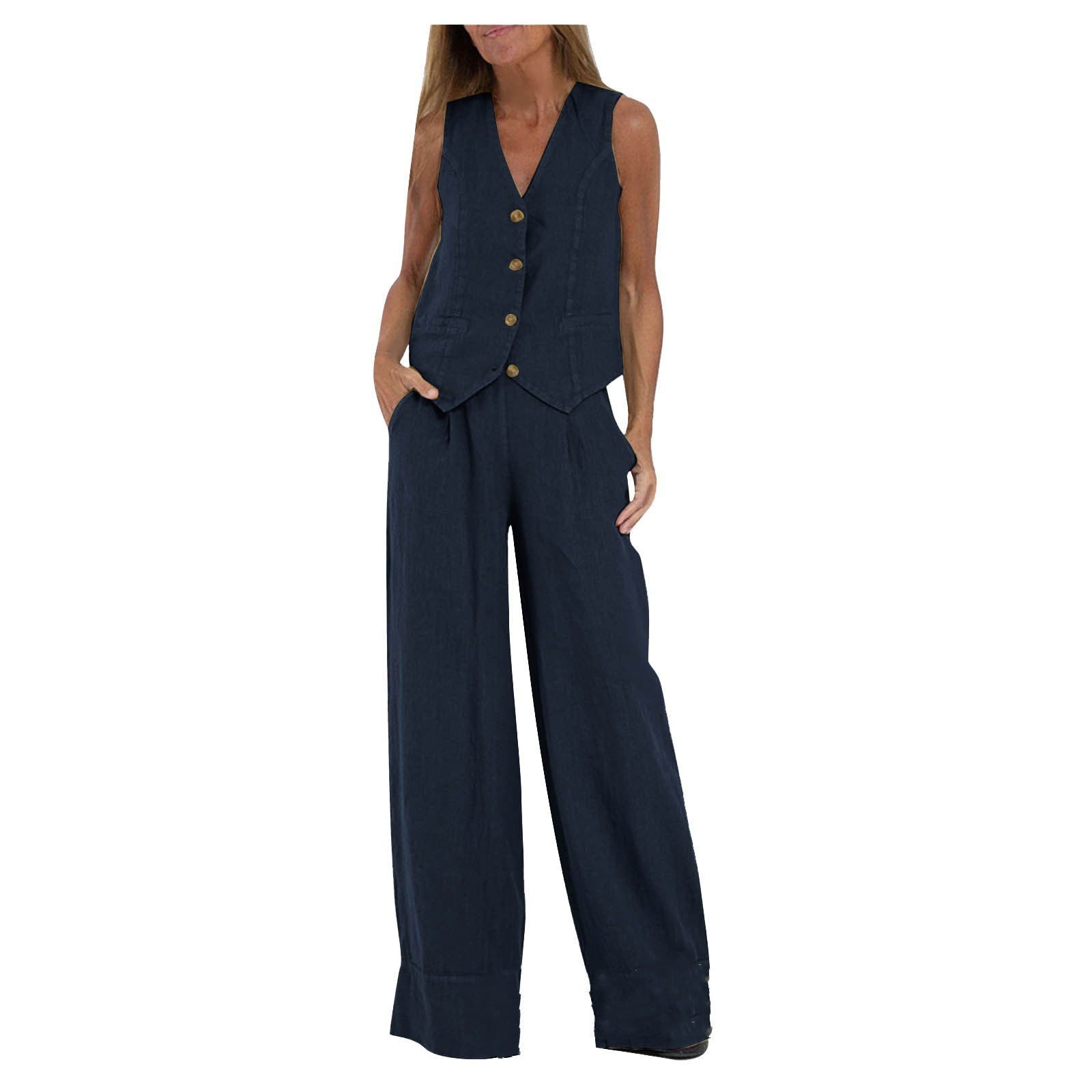 Vest Trousers Collage Stitching Cotton and Linen Casual suit Women