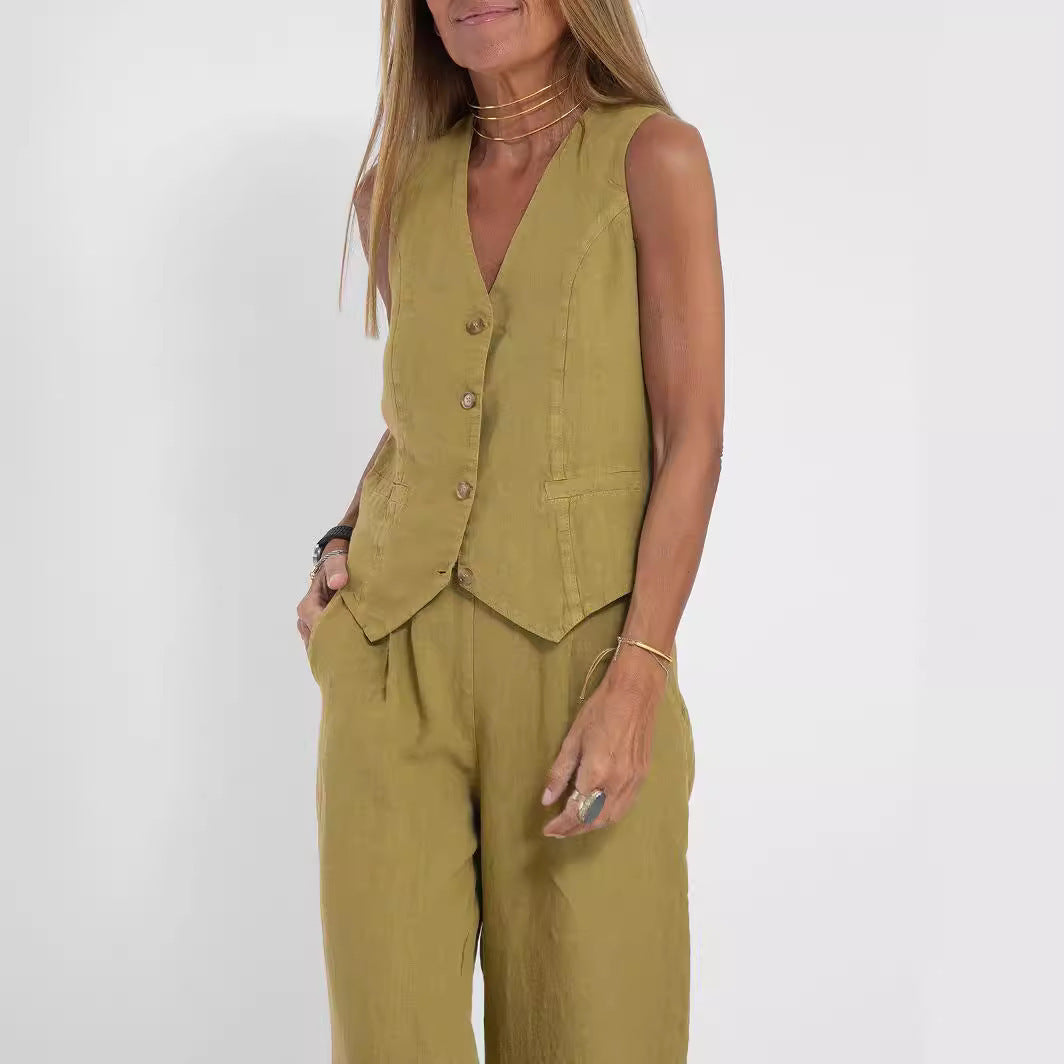 Vest Trousers Collage Stitching Cotton and Linen Casual suit Women
