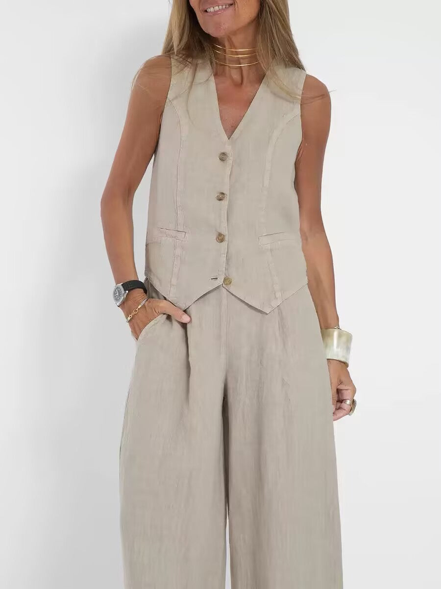 Vest Trousers Collage Stitching Cotton and Linen Casual suit Women