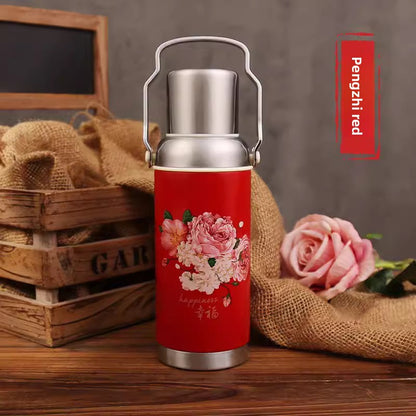Vintage 304 Stainless Steel Thermos Pot 800ML Portable Insulated Water Bottle with Lid and Tea Infuser
