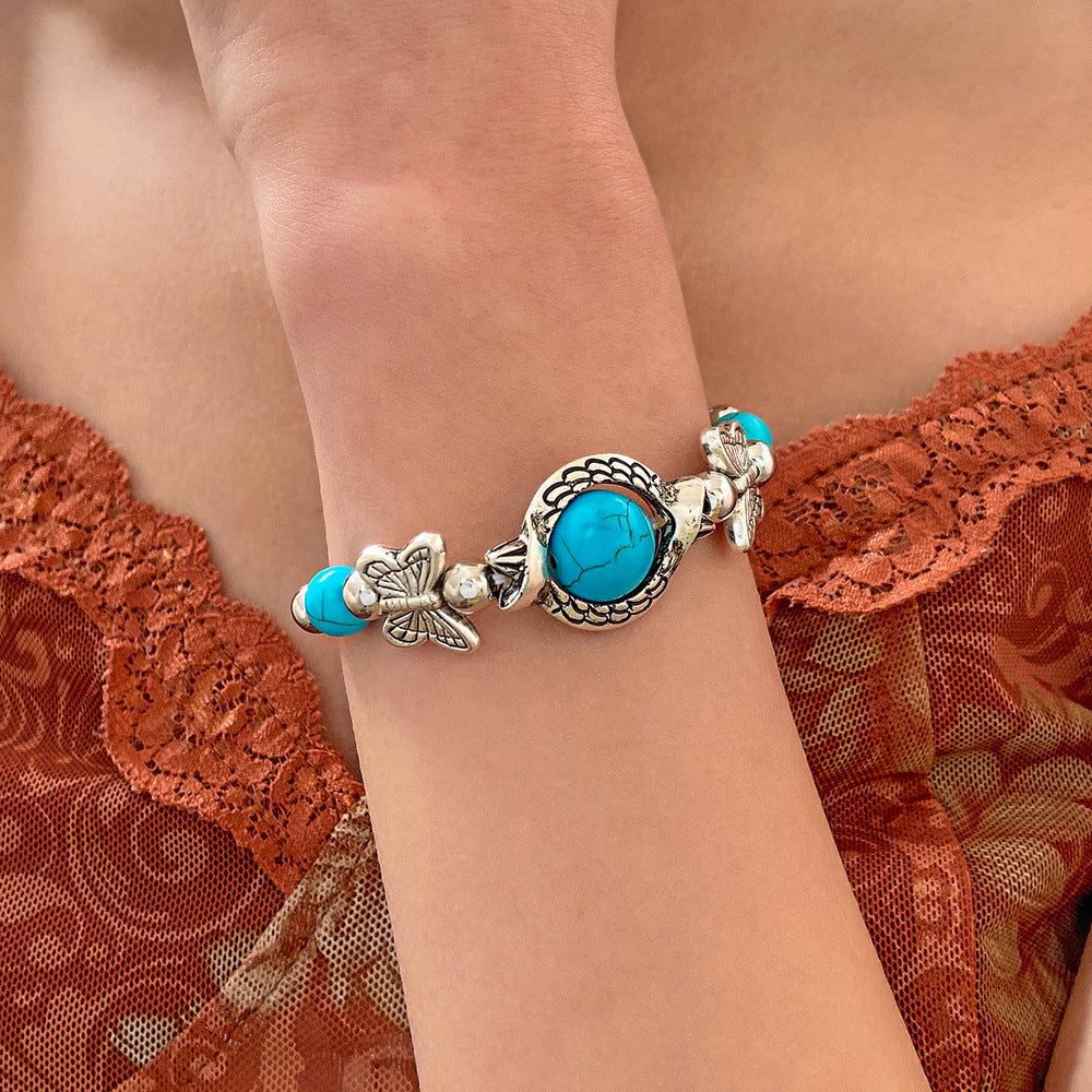 Vintage Alloy Bracelet with Butterfly and Turtle Designs