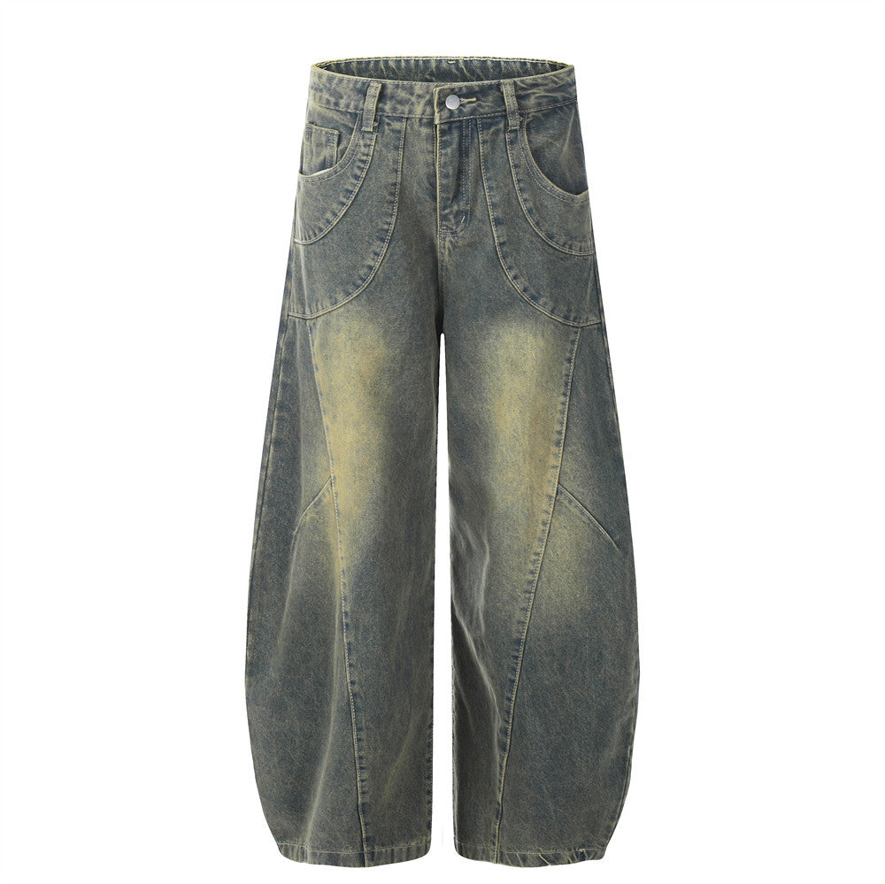 Vintage and distressed denim curved knife pants for men