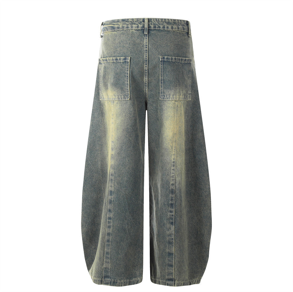 Vintage and distressed denim curved knife pants for men