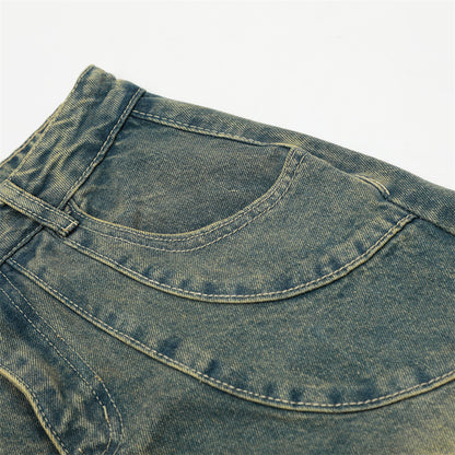 Vintage and distressed denim curved knife pants for men
