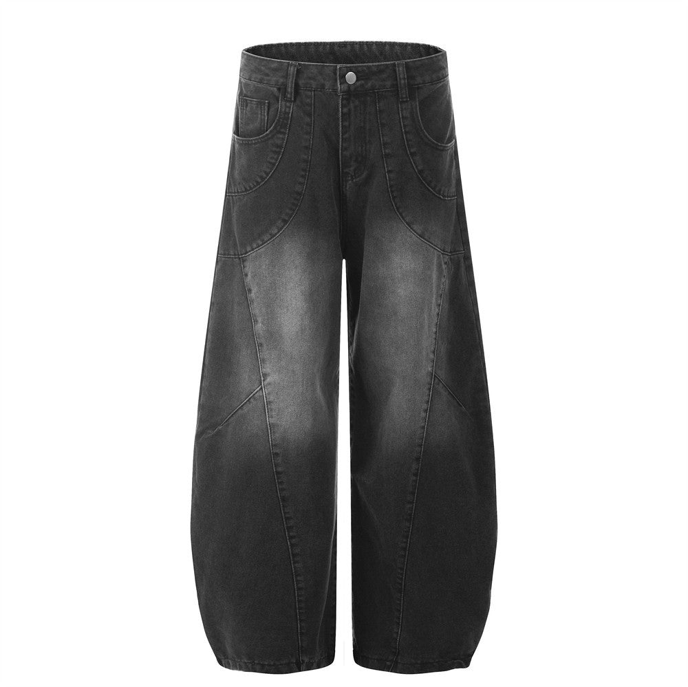 Vintage and distressed denim curved knife pants for men
