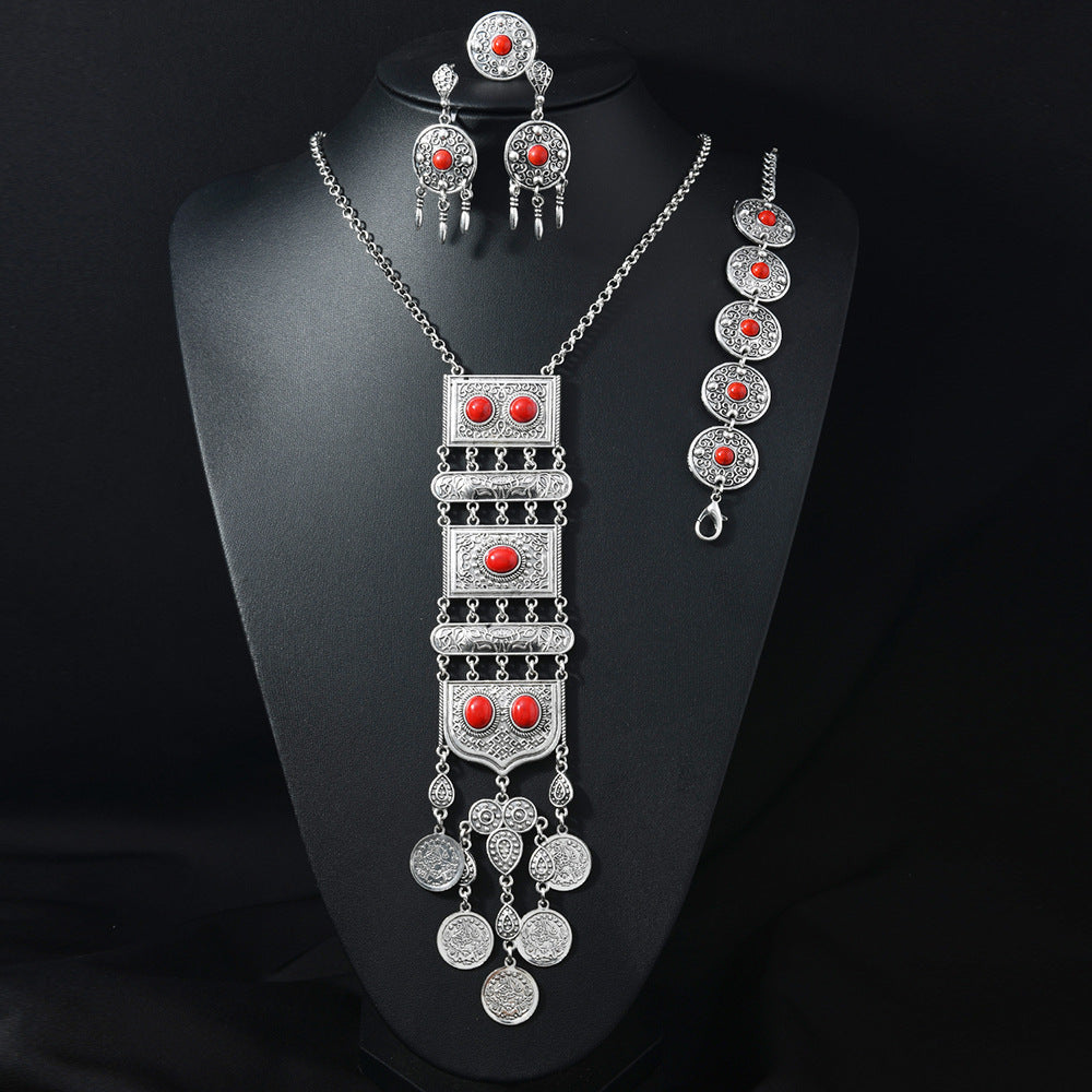 Vintage Carved Coin Tassel Jewelry Set