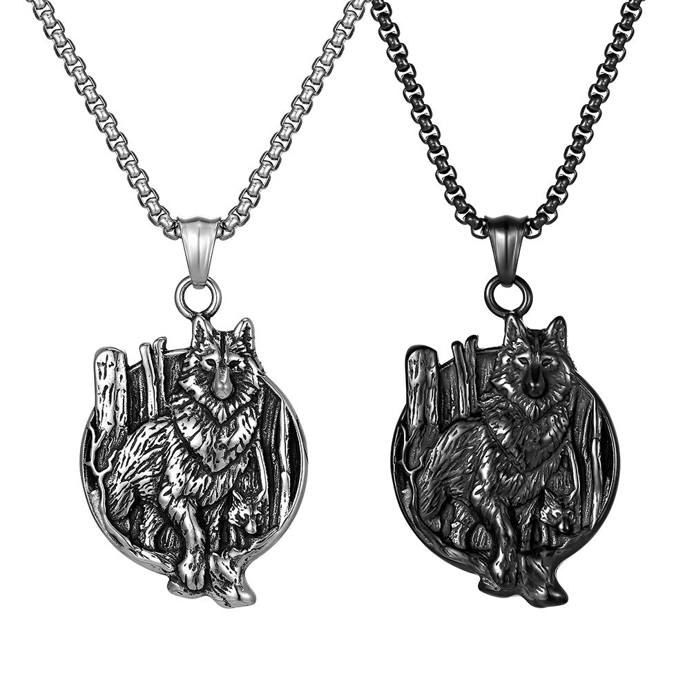 Vintage Celtic Wolf Stainless Steel Necklace with Viking Text Pendant