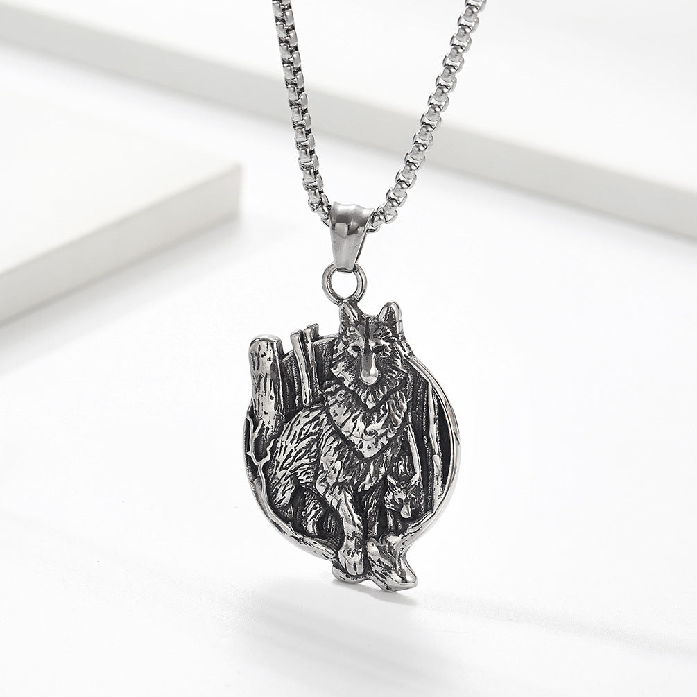 Vintage Celtic Wolf Stainless Steel Necklace with Viking Text Pendant
