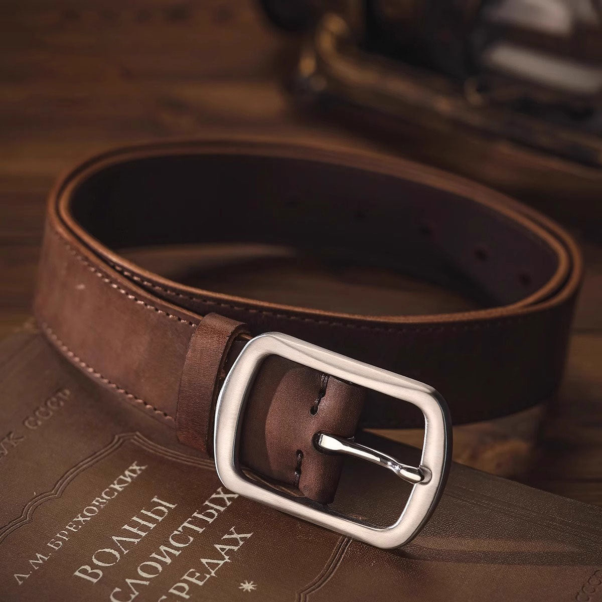 Vintage Cowhide Leather Belt with Steel Buckle
