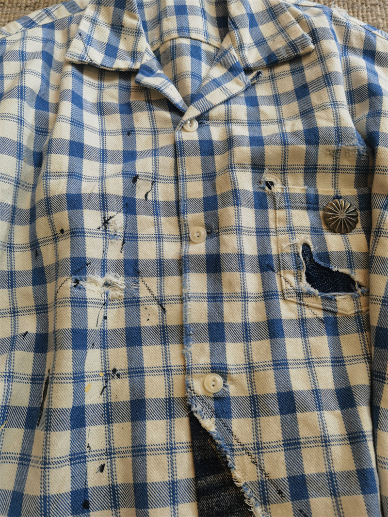 Vintage Distressed Cuban Collar Plaid Shirt