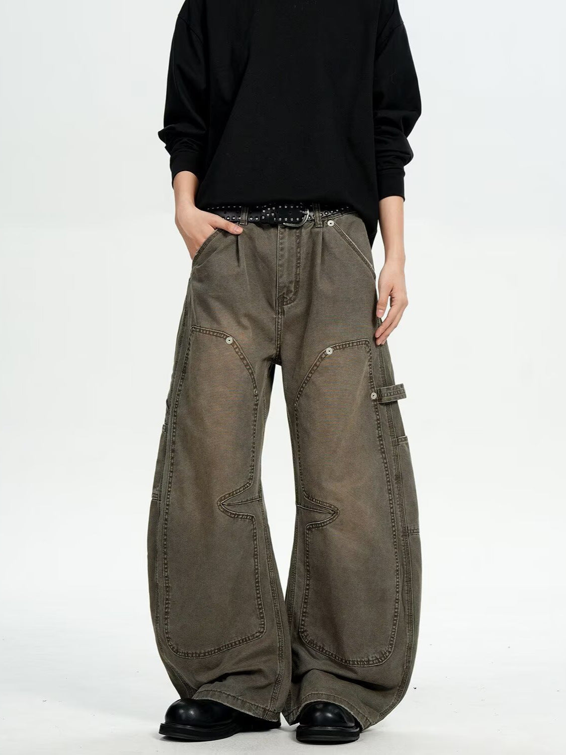 Vintage Distressed Workwear-Style Wide-Leg Pants
