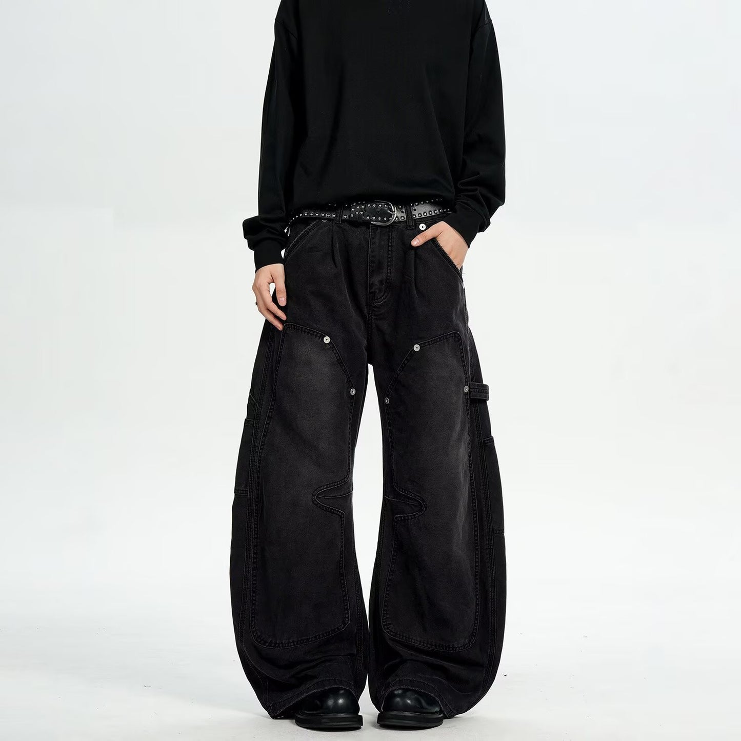 Vintage Distressed Workwear-Style Wide-Leg Pants