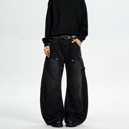 Vintage Distressed Workwear-Style Wide-Leg Pants