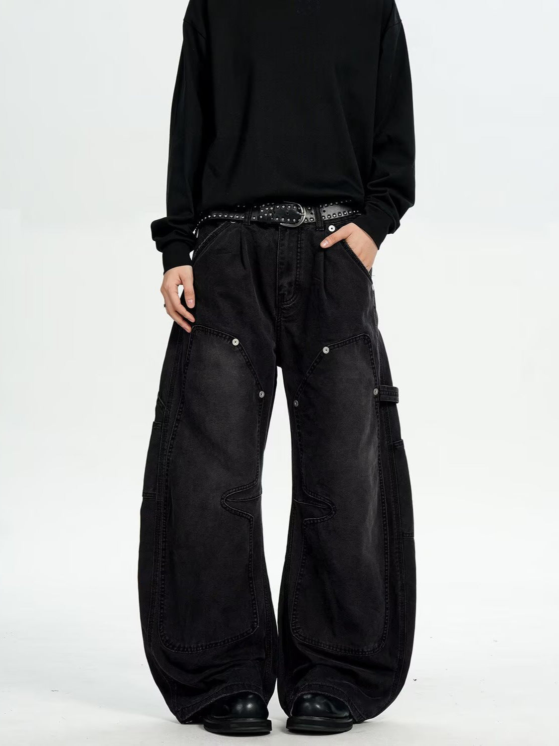 Vintage Distressed Workwear-Style Wide-Leg Pants