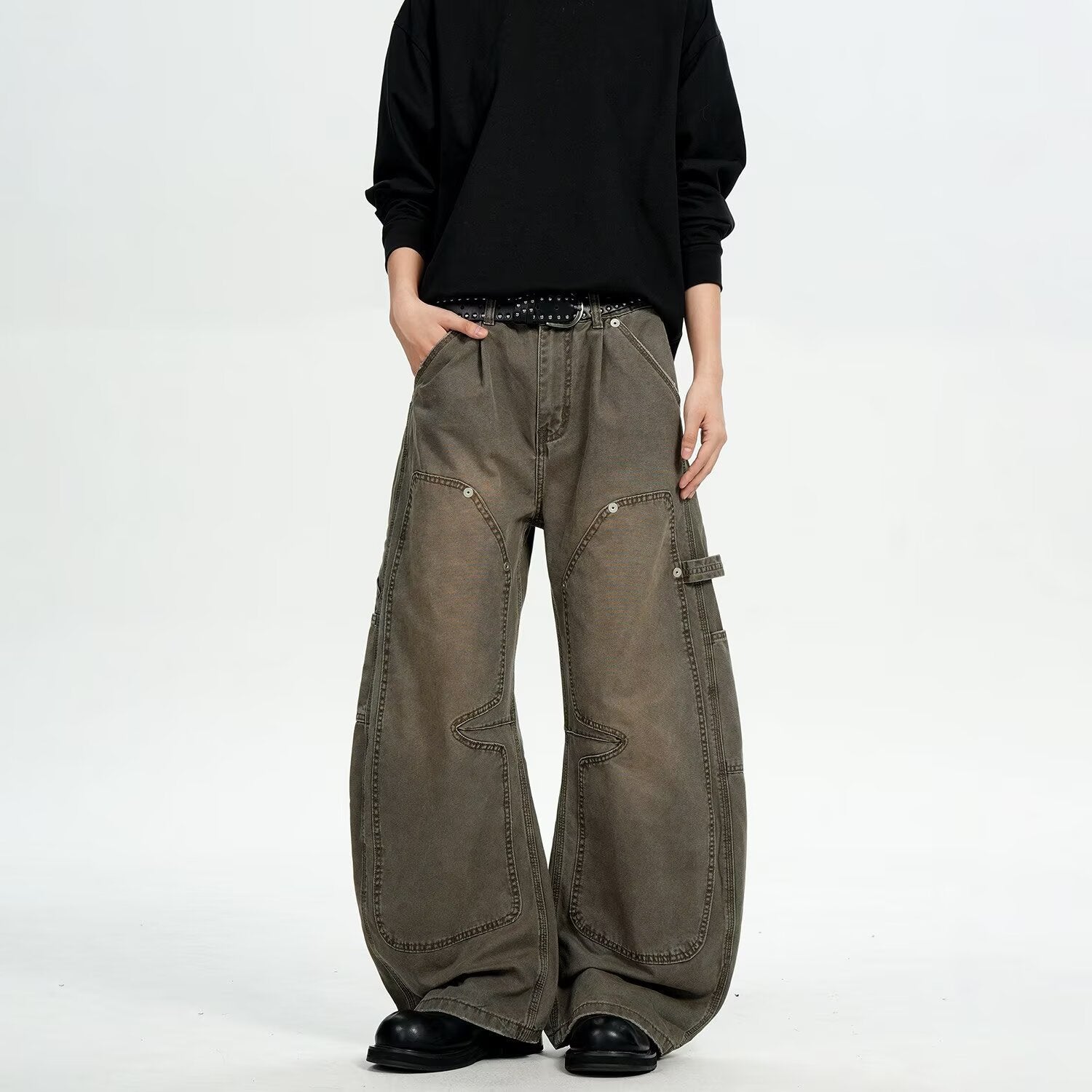 Vintage Distressed Workwear-Style Wide-Leg Pants