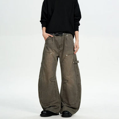 Vintage Distressed Workwear-Style Wide-Leg Pants