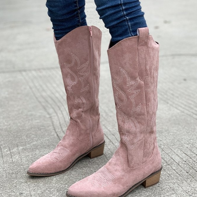 Vintage Embroidered V-Cut Mid-Calf Boots