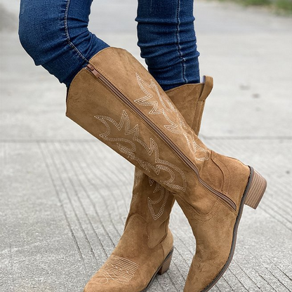 Vintage Embroidered V-Cut Mid-Calf Boots