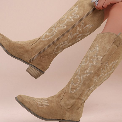 Vintage Embroidered V-Cut Mid-Calf Boots