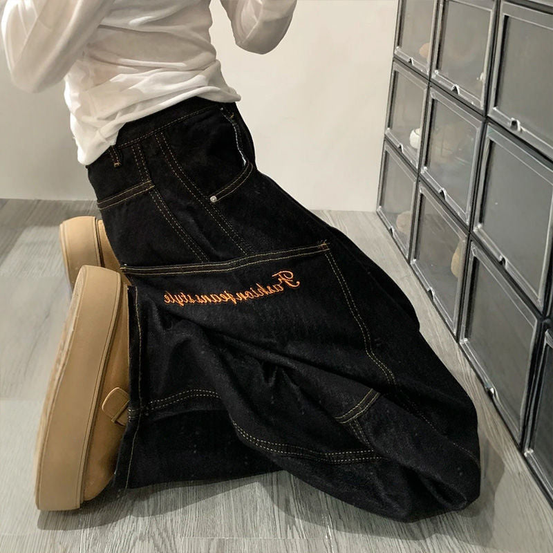 Vintage Embroidered Wide Leg Denim Pants