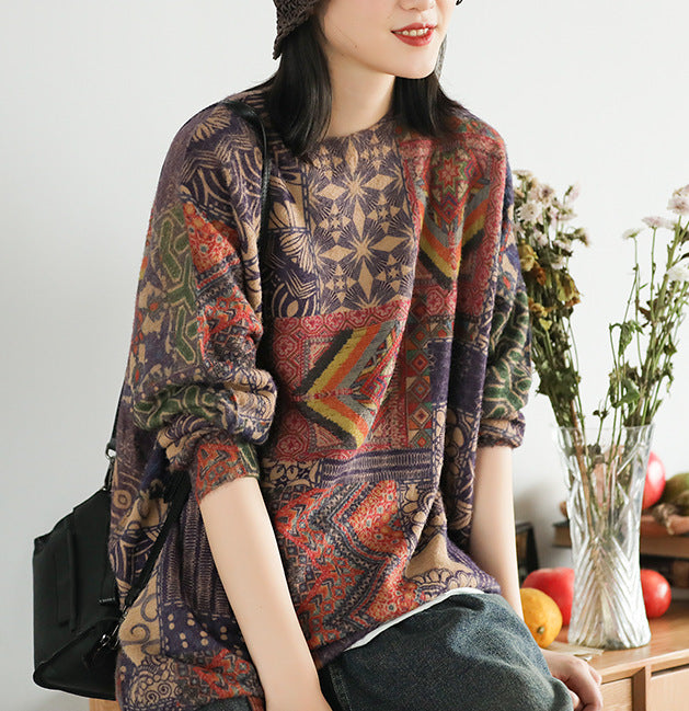 Vintage Ethnic Print Knitted Sweater