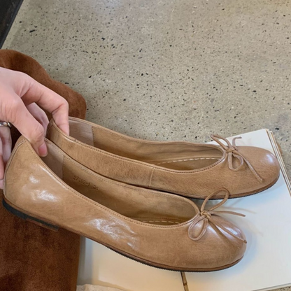 Vintage French Ballet Oil-Waxed Leather Bow Flat Shoes
