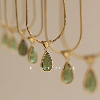 Vintage French Retro Titanium Steel Water Drop Pendant Necklace