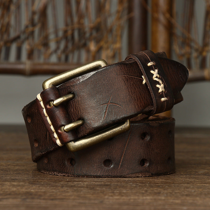 Vintage Genuine Leather Belt with Double Prong Buckle