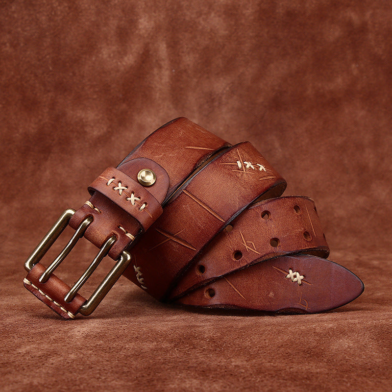 Vintage Genuine Leather Belt with Double Prong Buckle