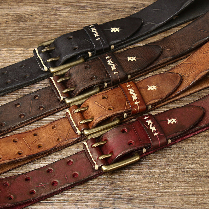 Vintage Genuine Leather Belt with Double Prong Buckle
