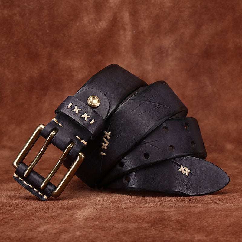 Vintage Genuine Leather Belt with Double Prong Buckle