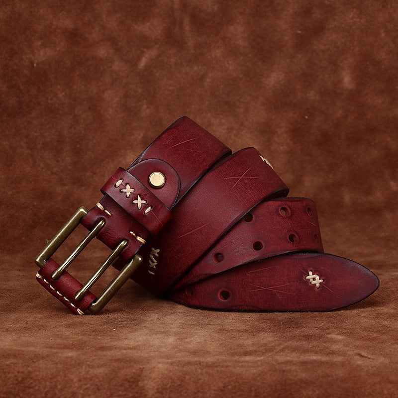 Vintage Genuine Leather Belt with Double Prong Buckle
