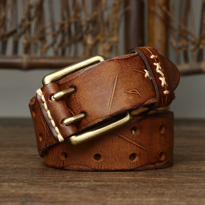 Vintage Genuine Leather Belt with Double Prong Buckle