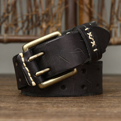 Vintage Genuine Leather Belt with Double Prong Buckle