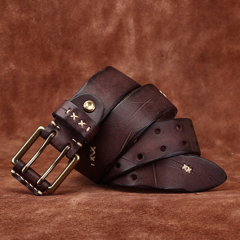 Vintage Genuine Leather Belt with Double Prong Buckle