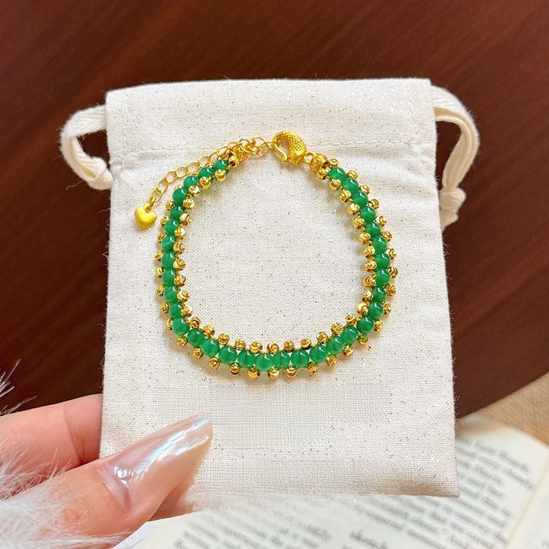 Vintage Green Agate Carved Bead Braided Bracelet
