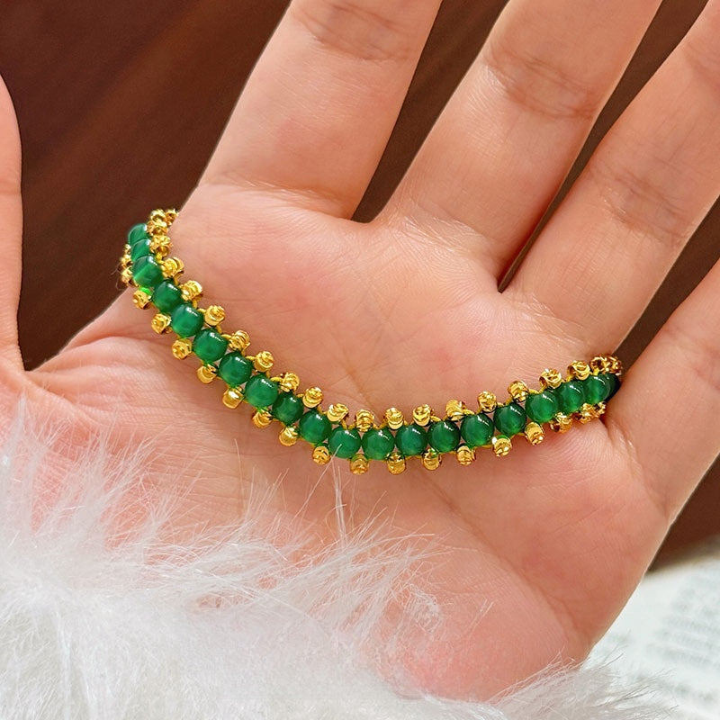 Vintage Green Agate Carved Bead Braided Bracelet